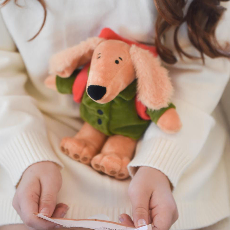 Person holding a plush dog toy and a card, wearing a white sweater.
